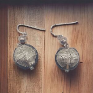 Murano Pastiglia Silver Black Glass Artisan Jewelry Dangle Earrings Silver Tone